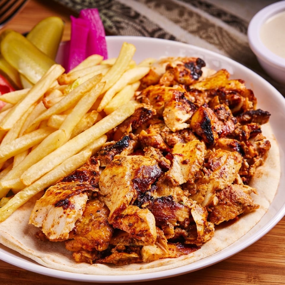 Plate of grilled shawarma with fries, flatbread, pickles, tomatoes, cucumber, and pink pickled turnips beside creamy sauce.