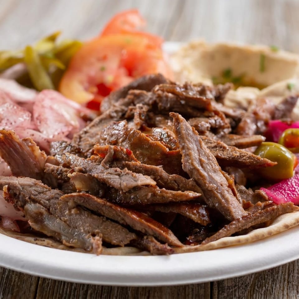 Plate of sliced seasoned meat with pita, hummus, pickled vegetables, onions, and peppers on a rustic wooden table.
