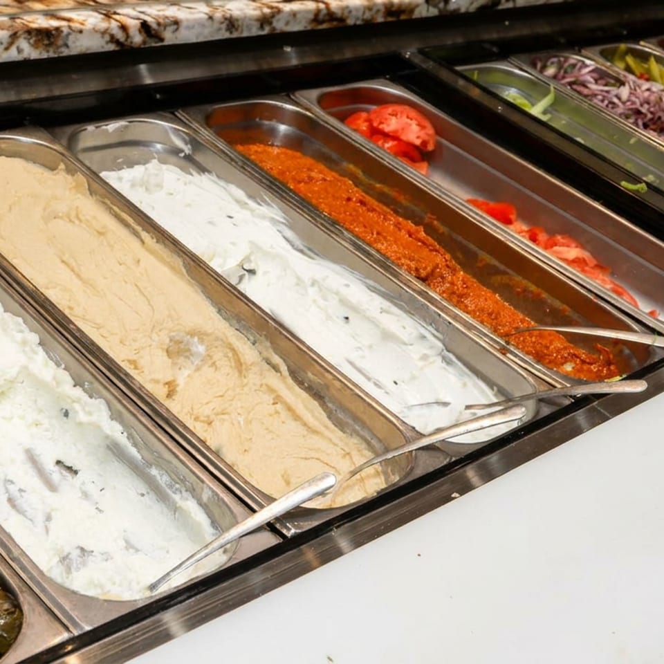Restaurant counter displaying creamy dips, red pepper spread, chopped vegetables, pickles, and stuffed grape leaves in metal trays.