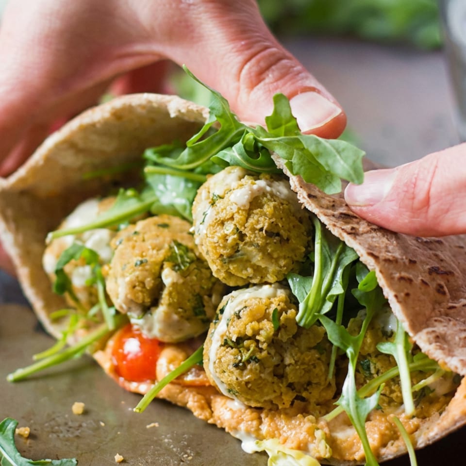 Hands assemble a falafel pita stuffed with greens, falafel balls, creamy sauce, and tomato on a work surface.