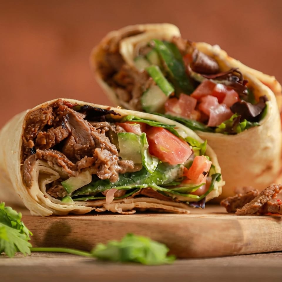 Two beef and vegetable wraps stacked on a wooden board, garnished with cilantro and accompanied by tomatoes.