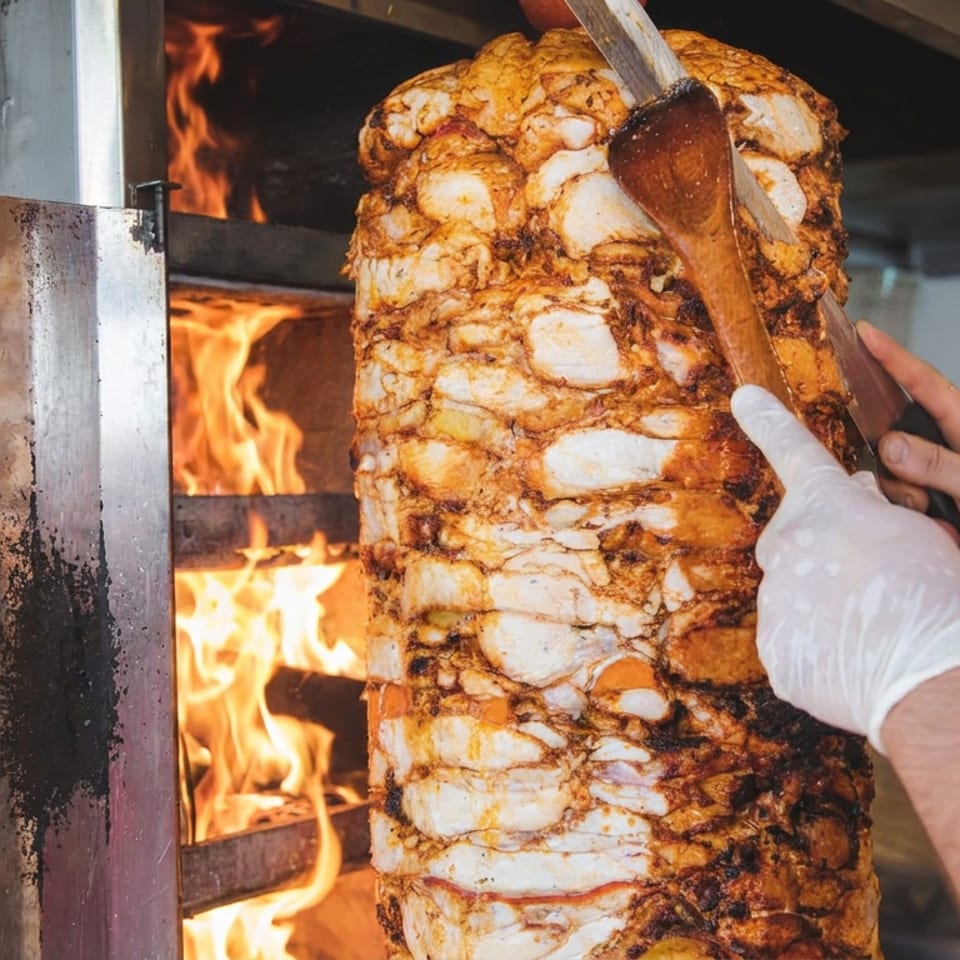 Cook slices a towering shawarma meat spit beside open flames in a restaurant kitchen.