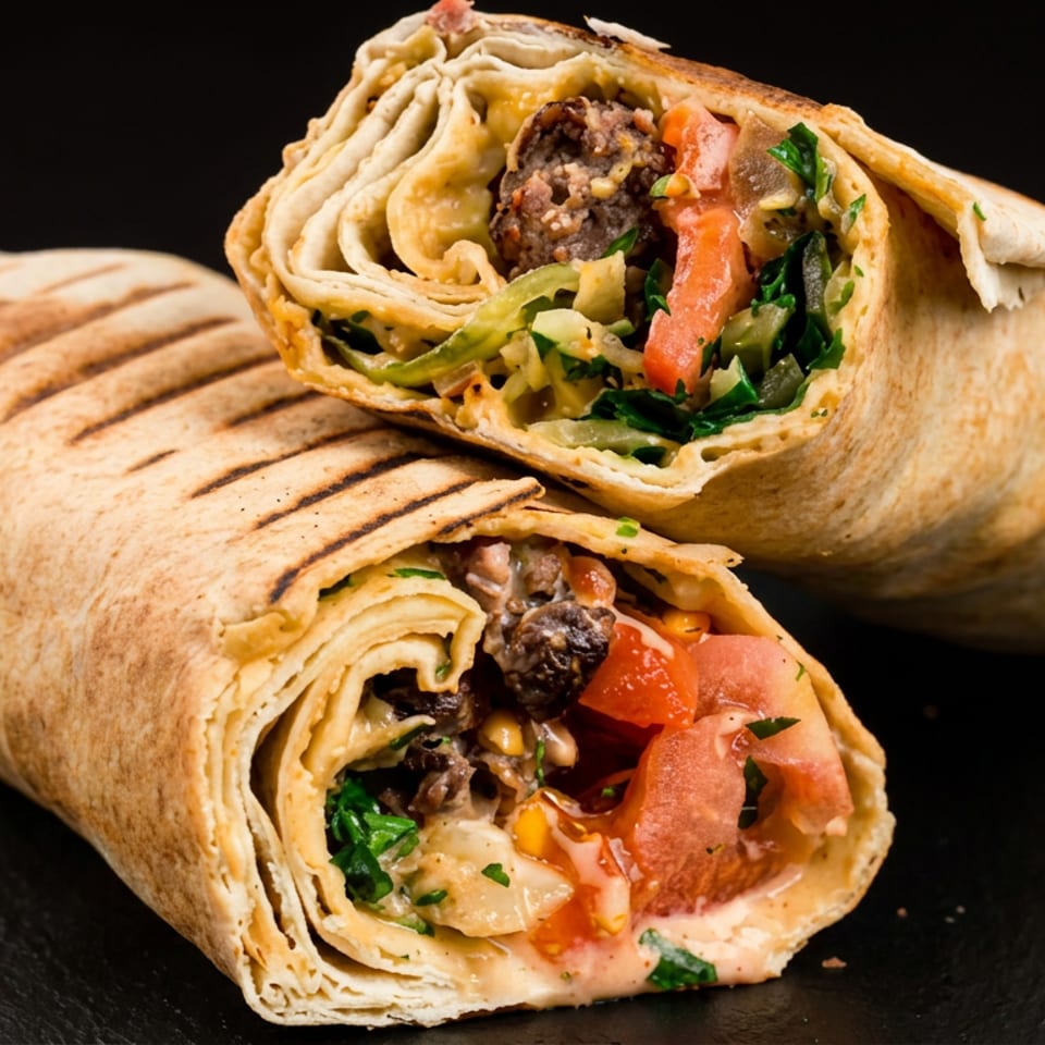 Two grilled shawarma wraps cut open, filled with seasoned meat, tomatoes, greens, and creamy sauce on a dark slate surface.