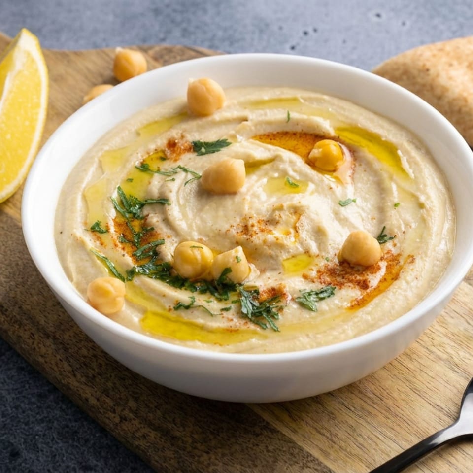 Bowl of hummus topped with chickpeas, olive oil, parsley, and spices, served with pita, lemon, and a spoon on a wooden board.