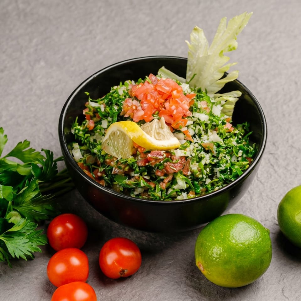 Bowl of tabbouleh salad topped with diced tomatoes and lemon, surrounded by parsley, cherry tomatoes, and limes.