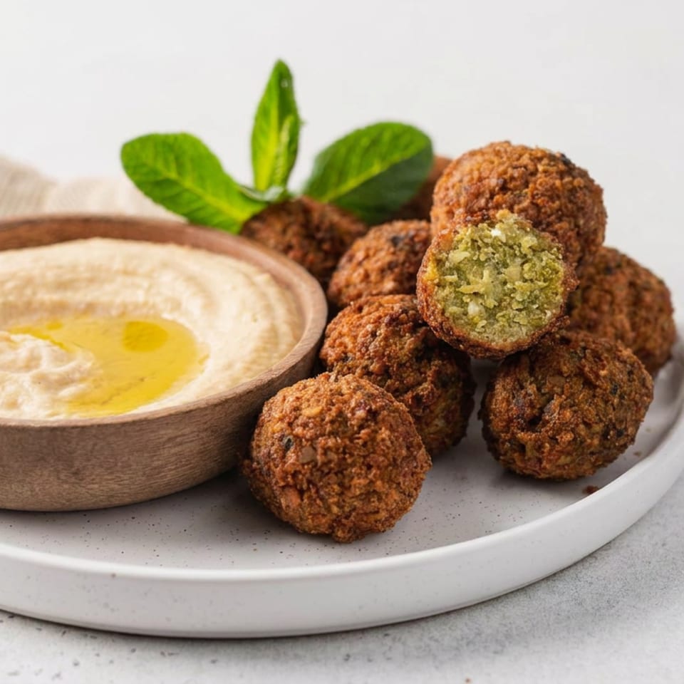 Crispy falafel balls with one cut open, served beside hummus, pita bread, olive oil, and mint on a white plate.