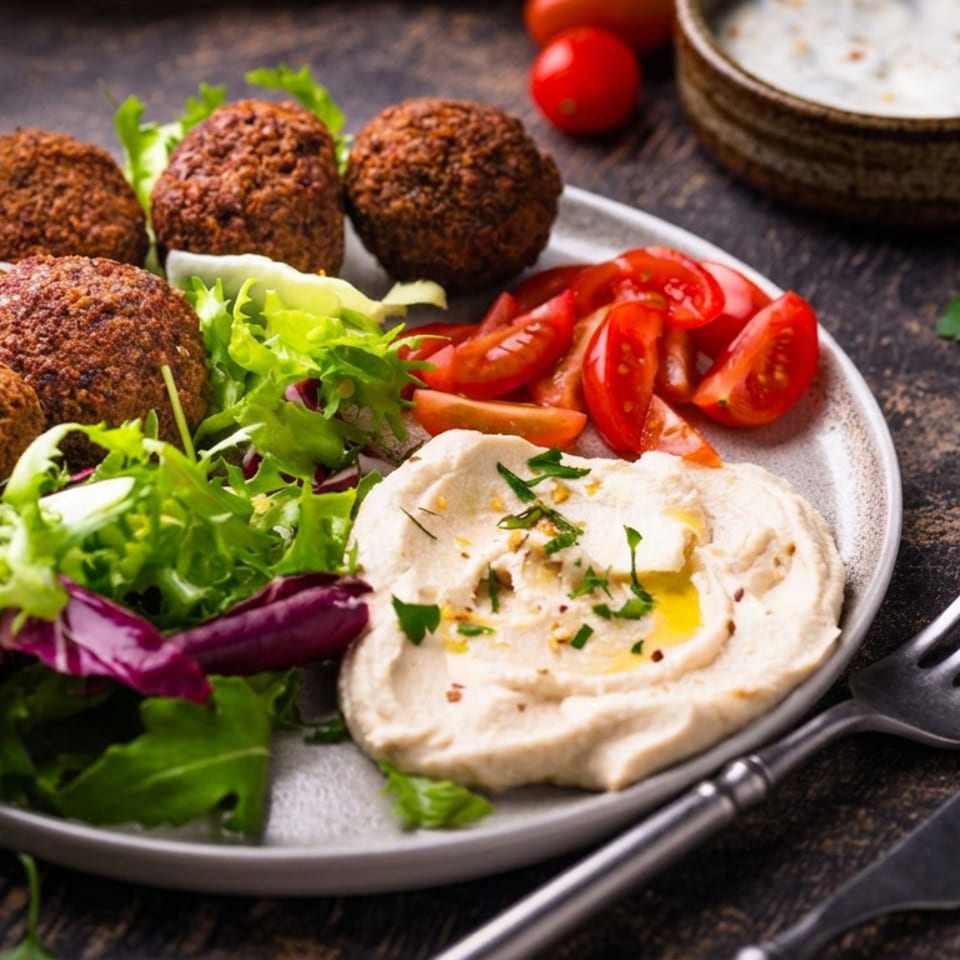 Falafel, hummus, salad, and sliced tomatoes served on a plate with yogurt sauce, parsley, fork, and knife.